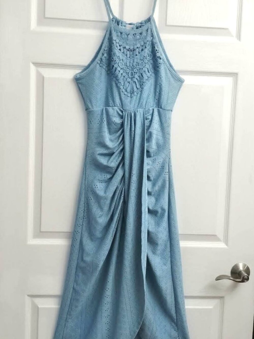 Chic Me Ruched Midi Dress Size Small Blue/Green Colored Spaghetti Strap